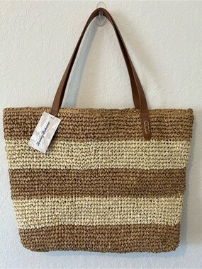 Tommy Bahama Striped Straw Tote Bag with Brown Handles